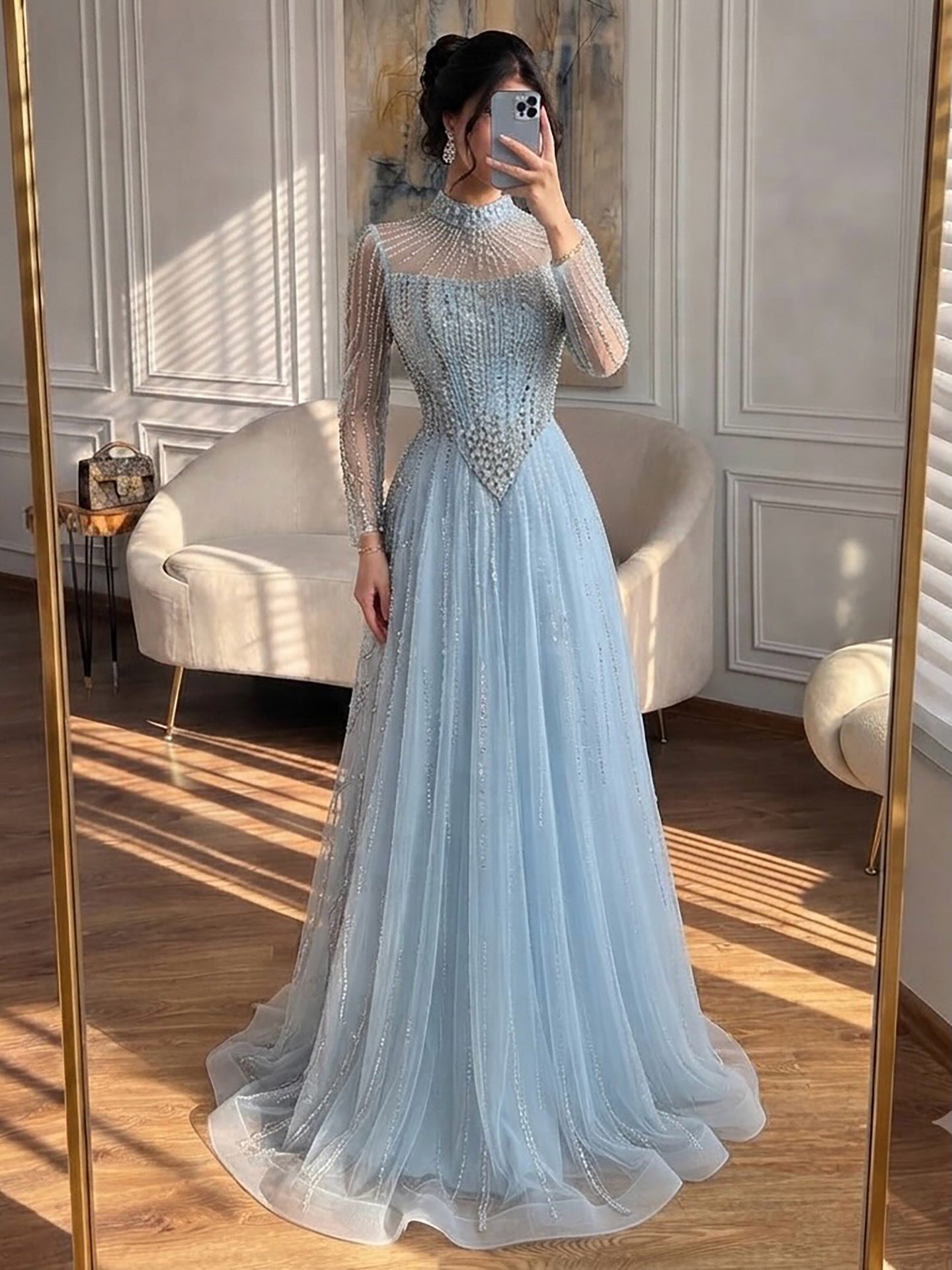 Luxury Nude Crystal Beaded A Line Evening Dress LA73753