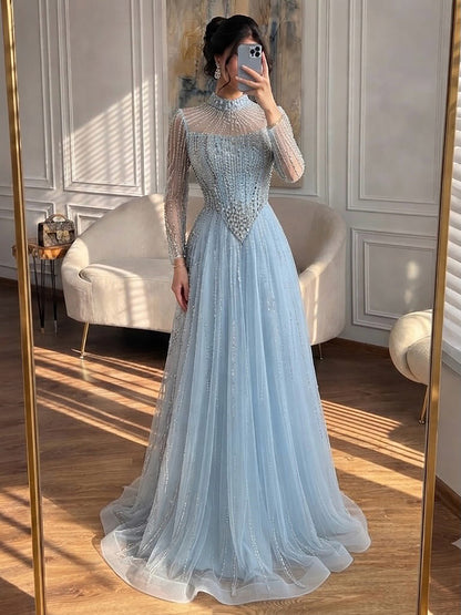 Luxury Nude Crystal Beaded A Line Evening Dress LA73753