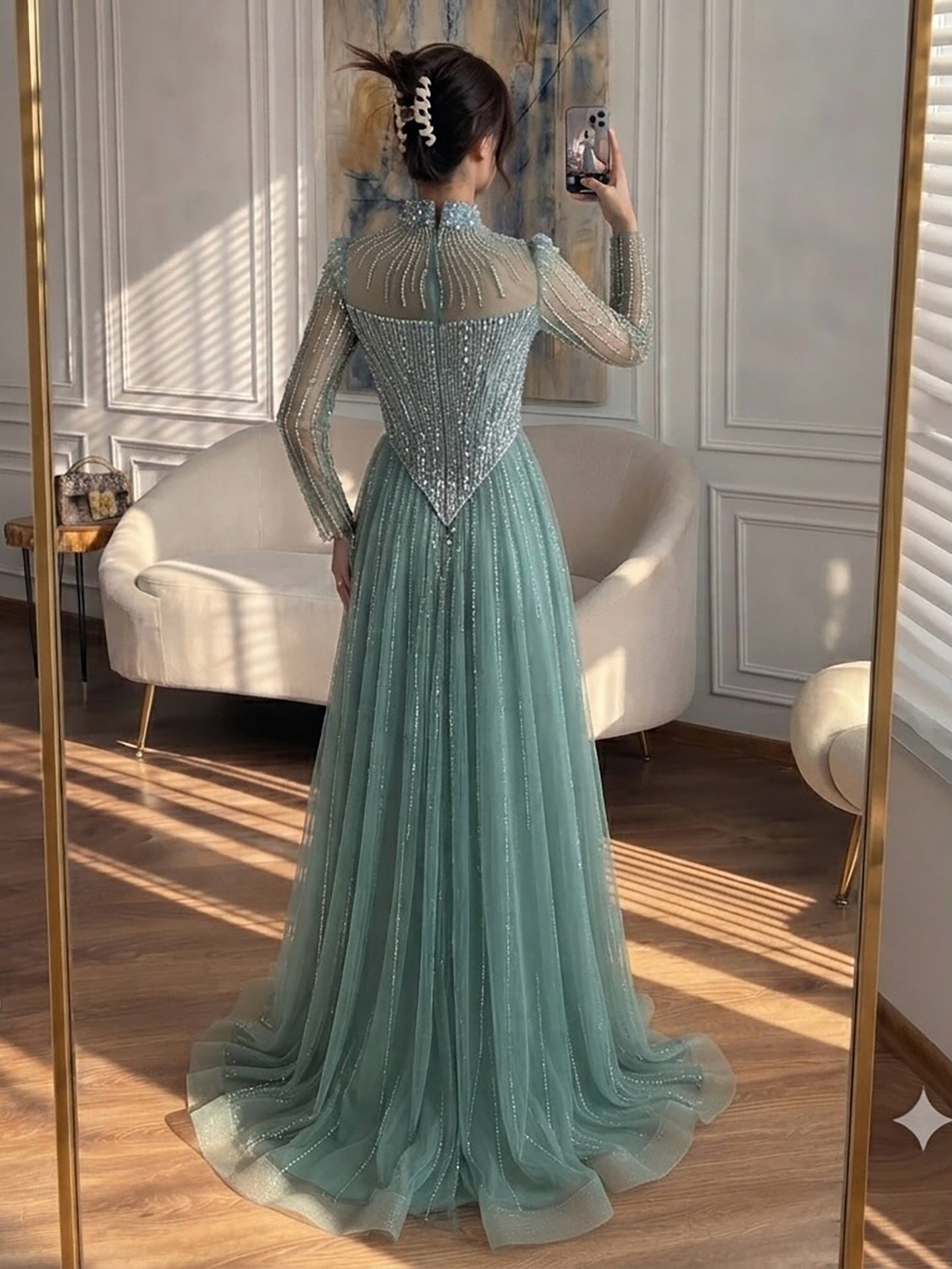 Luxury Nude Crystal Beaded A Line Evening Dress LA73753