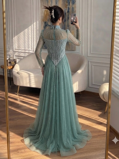 Luxury Nude Crystal Beaded A Line Evening Dress LA73753