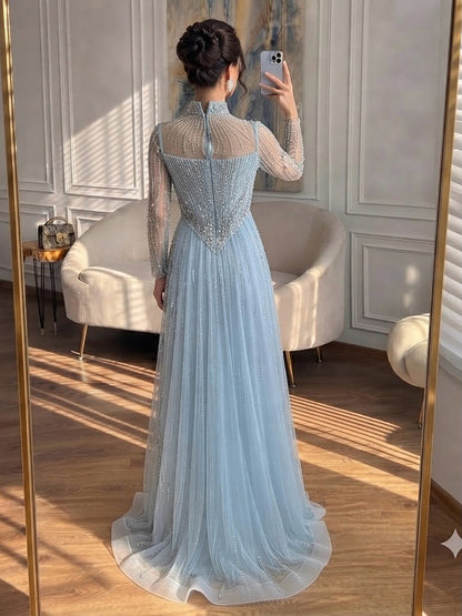 Luxury Nude Crystal Beaded A Line Evening Dress LA73753