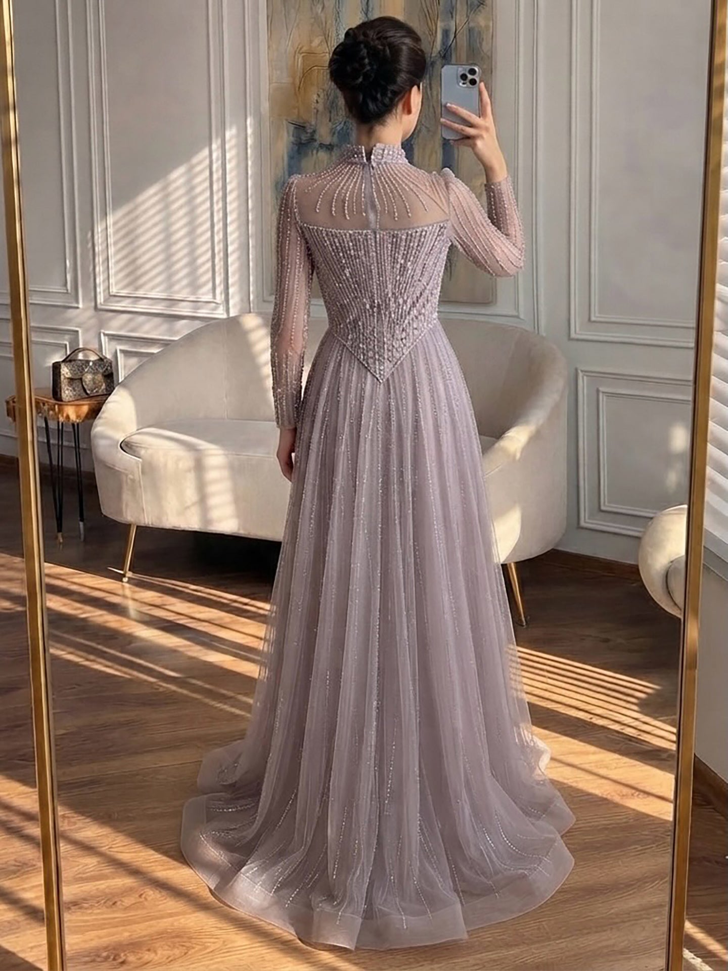 Luxury Nude Crystal Beaded A Line Evening Dress LA73753