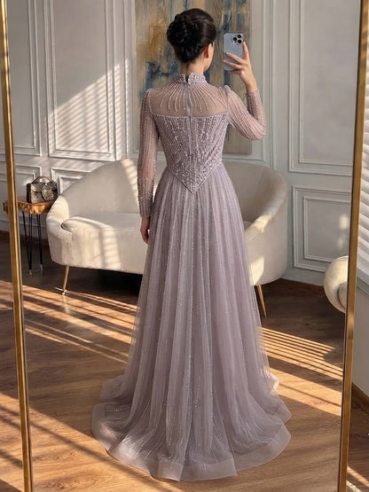 Luxury Nude Crystal Beaded A Line Evening Dress LA73753