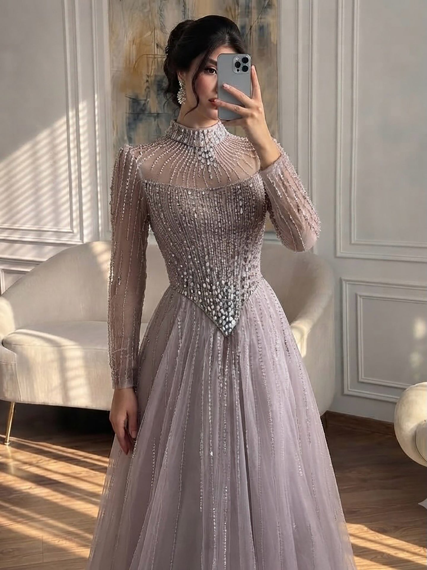 Luxury Nude Crystal Beaded A Line Evening Dress LA73753