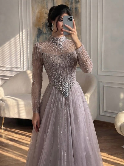 Luxury Nude Crystal Beaded A Line Evening Dress LA73753