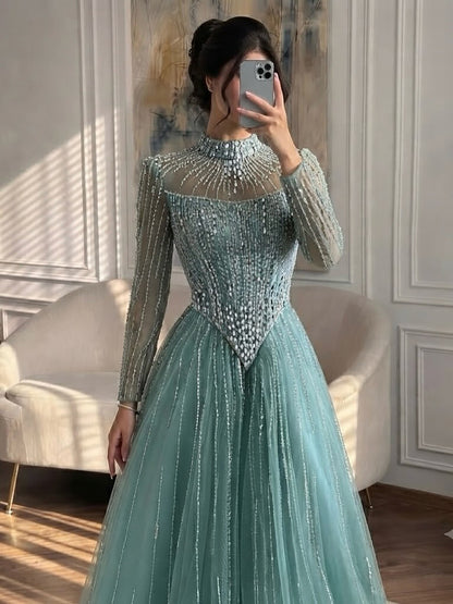 Luxury Nude Crystal Beaded A Line Evening Dress LA73753