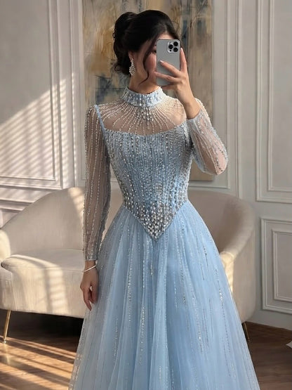 Luxury Nude Crystal Beaded A Line Evening Dress LA73753
