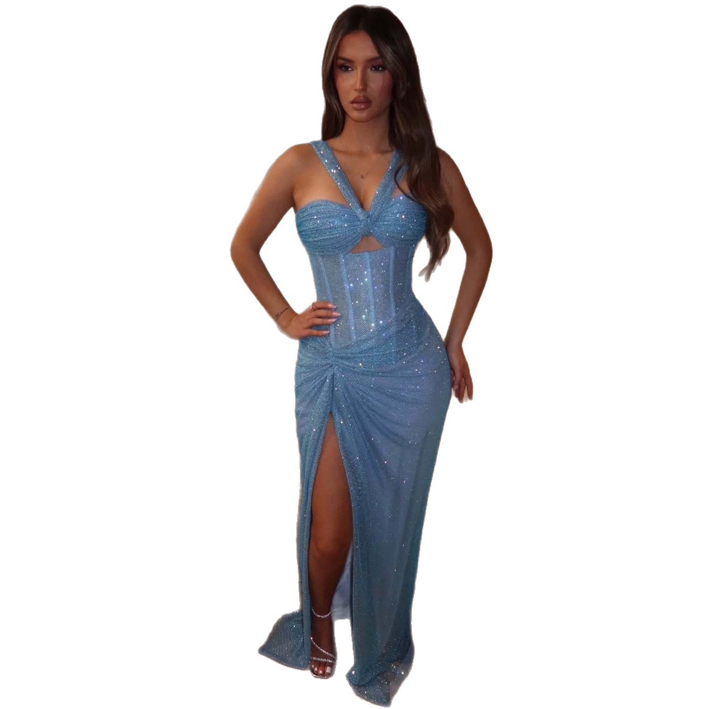 Luxury Blue Spaghetti Straps Slit Dress LA73754