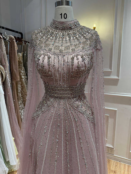 Luxury Caramel Crystal Beaded Cape Sleeves A-Line Dress LA73756