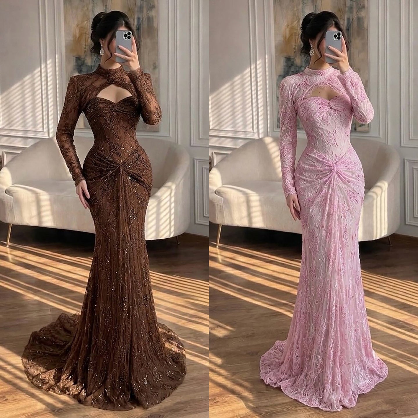 Luxury Pink Lace Long Sleeve High Neck Mermaid Evening Dress LA73757