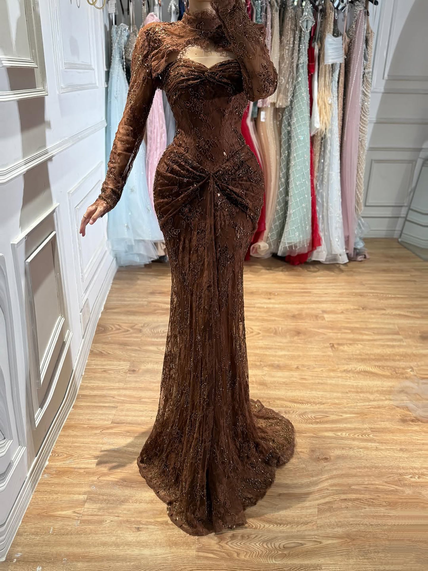 Luxury Pink Lace Long Sleeve High Neck Mermaid Evening Dress LA73757