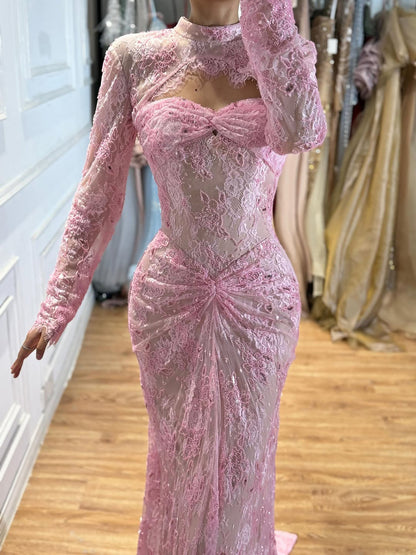 Luxury Pink Lace Long Sleeve High Neck Mermaid Evening Dress LA73757