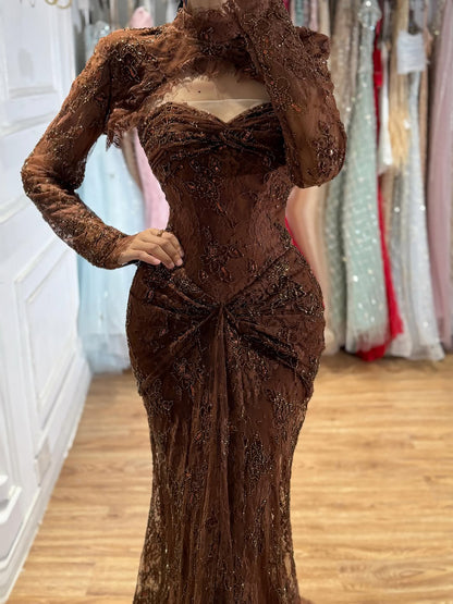 Luxury Pink Lace Long Sleeve High Neck Mermaid Evening Dress LA73757