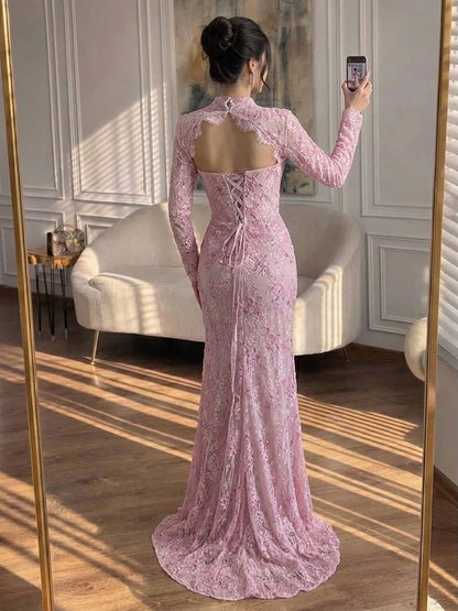 Luxury Pink Lace Long Sleeve High Neck Mermaid Evening Dress LA73757
