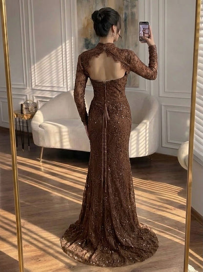 Luxury Pink Lace Long Sleeve High Neck Mermaid Evening Dress LA73757