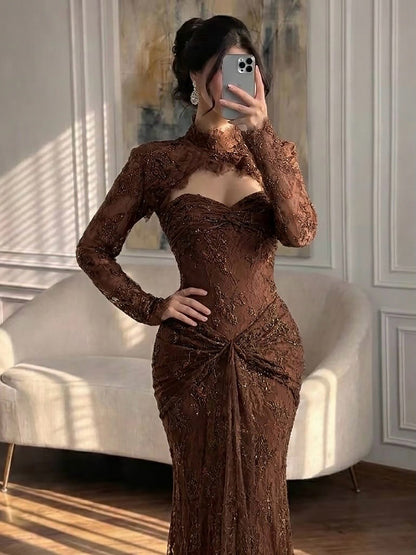 Luxury Pink Lace Long Sleeve High Neck Mermaid Evening Dress LA73757