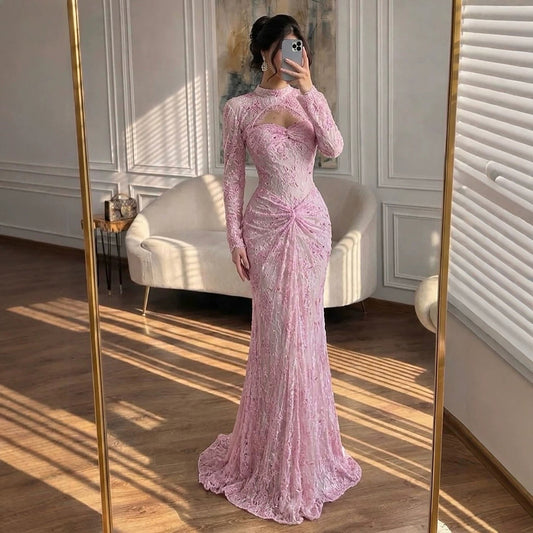 Luxury Pink Lace Long Sleeve High Neck Mermaid Evening Dress LA73757