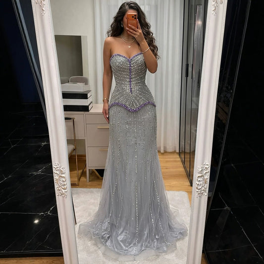 Luxury Lilac Beaded Strapless Mermaid Evening Dress LA73761