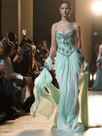Luxury Sage Green Crystal Beaded Strapless Evening Dress LA73763
