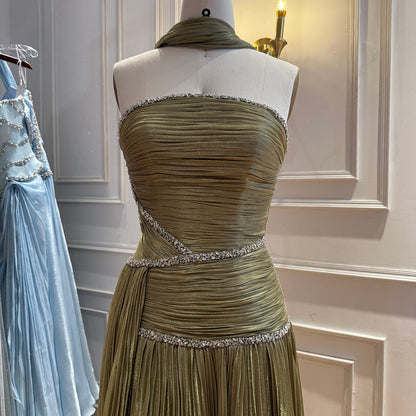 Luxury Sage Green Crystal One Shoulder Pleated Evening Dress LA73764