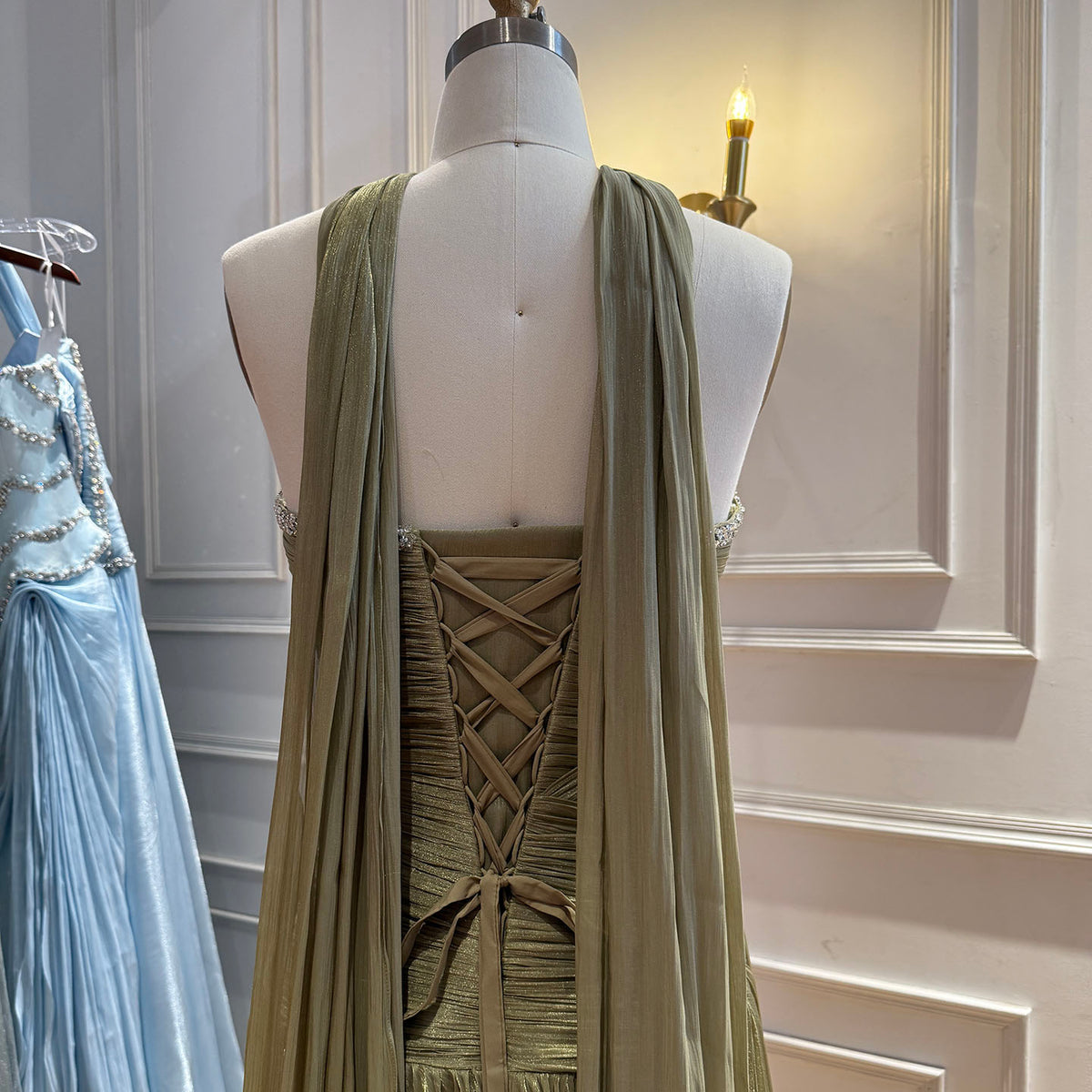 Luxury Sage Green Crystal One Shoulder Pleated Evening Dress LA73764