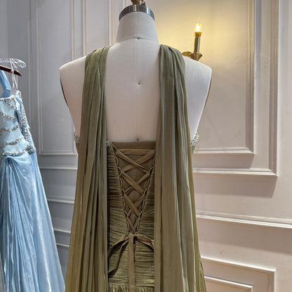 Luxury Sage Green Crystal One Shoulder Pleated Evening Dress LA73764