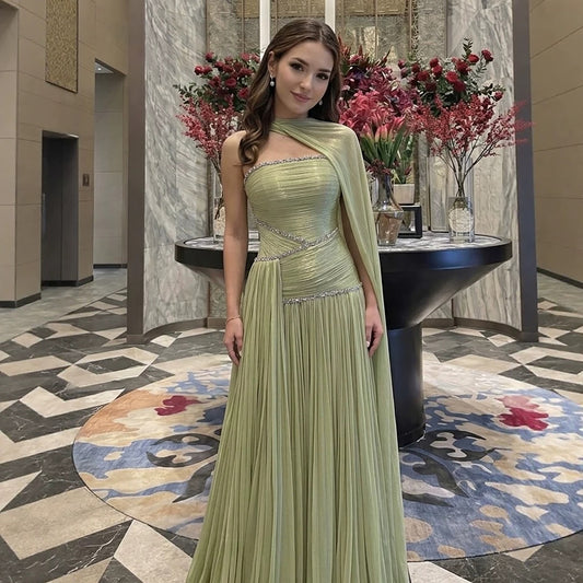 Luxury Sage Green Crystal One Shoulder Pleated Evening Dress LA73764