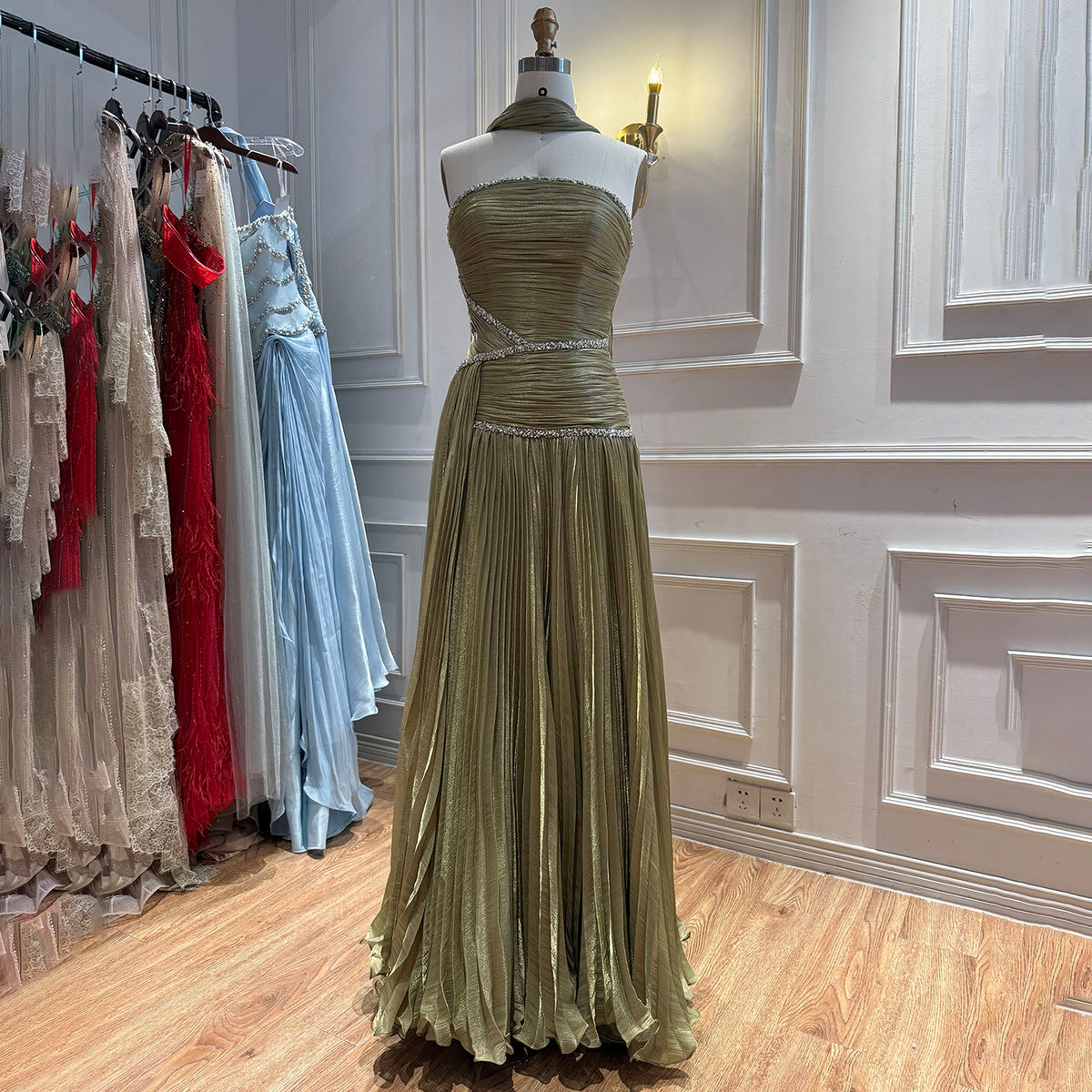 Luxury Sage Green Crystal One Shoulder Pleated Evening Dress LA73764