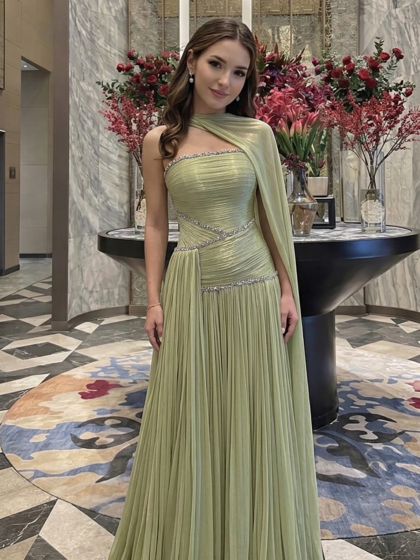 Luxury Sage Green Crystal One Shoulder Pleated Evening Dress LA73764