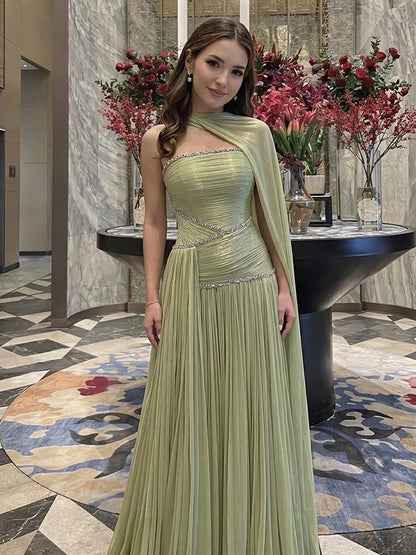 Luxury Sage Green Crystal One Shoulder Pleated Evening Dress LA73764