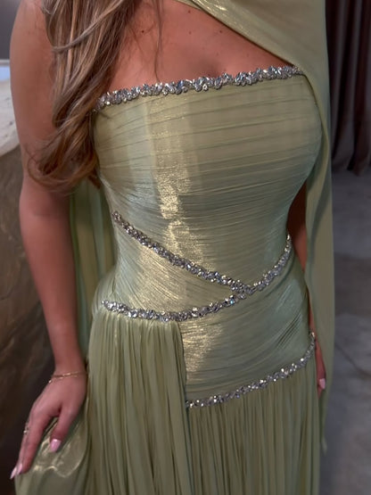 Luxury Sage Green Crystal One Shoulder Pleated Evening Dress LA73764