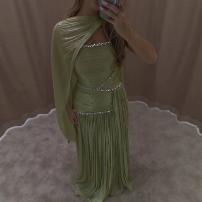 Luxury Sage Green Crystal One Shoulder Pleated Evening Dress LA73764