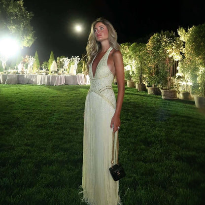 Luxury Butter Yellow Halter Fringe Evening Dress LA73765