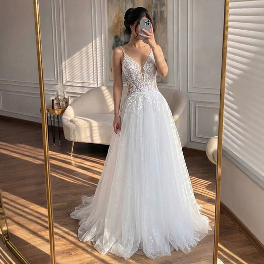 Luxury White Spaghetti Strap Floral Lace A Line Dress LA73767