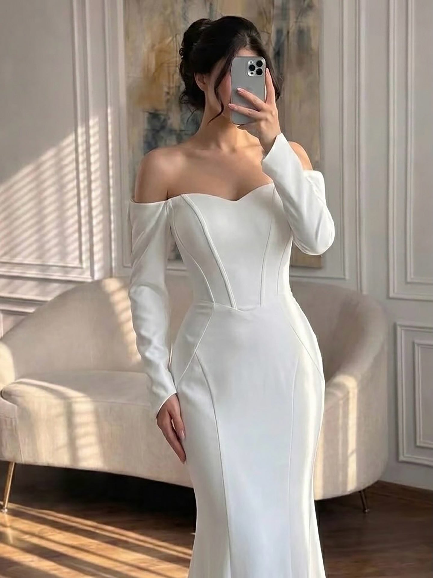Luxury White Off Shoulder Sweetheart Long Sleeve Mermaid Dress LA73768