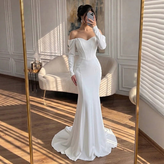Luxury White Off Shoulder Sweetheart Long Sleeve Mermaid Dress LA73768