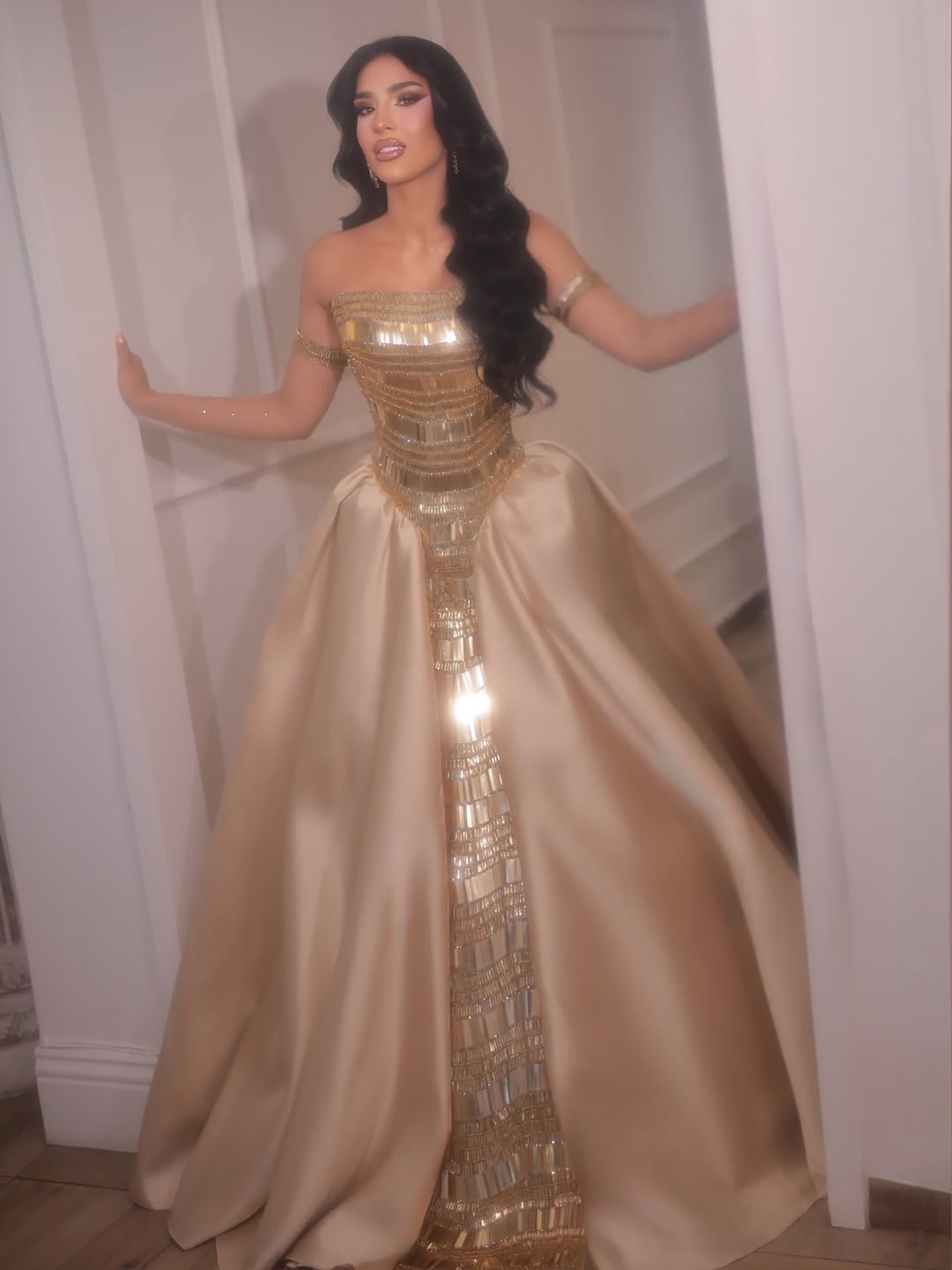 Luxury Gold Strapless Ball Gown Dress With Beaded Gloves LA73770