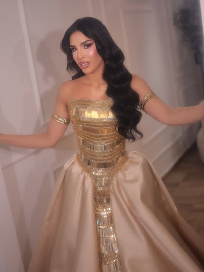 Luxury Gold Strapless Ball Gown Dress With Beaded Gloves LA73770