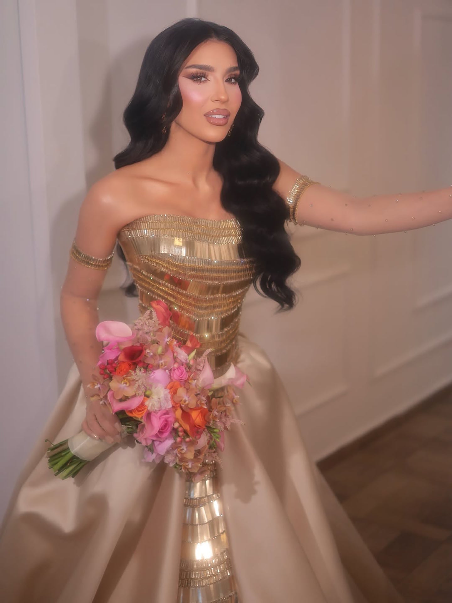 Luxury Gold Strapless Ball Gown Dress With Beaded Gloves LA73770