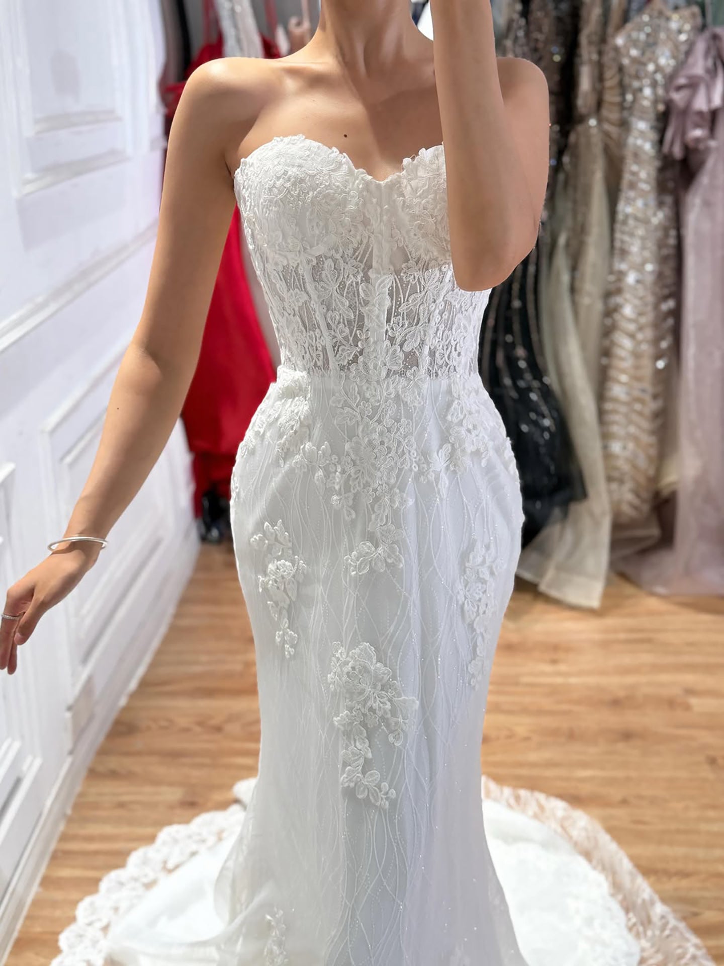 Luxury White Strapless See Through Lace Corset Mermaid Dress LA73771