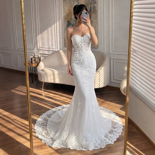 Luxury White Strapless See Through Lace Corset Mermaid Dress LA73771