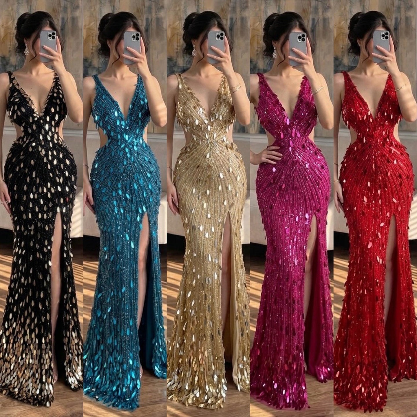 Luxury Blue V Neck Cutout Beaded Mermaid Evening Dress LA73773
