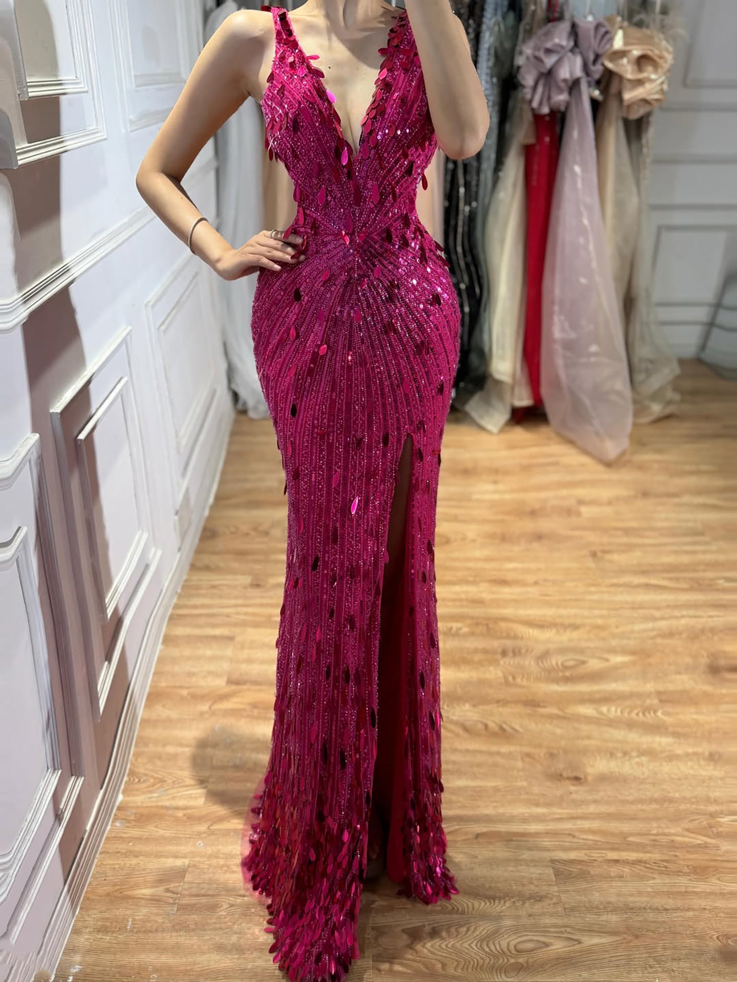 Luxury Blue V Neck Cutout Beaded Mermaid Evening Dress LA73773