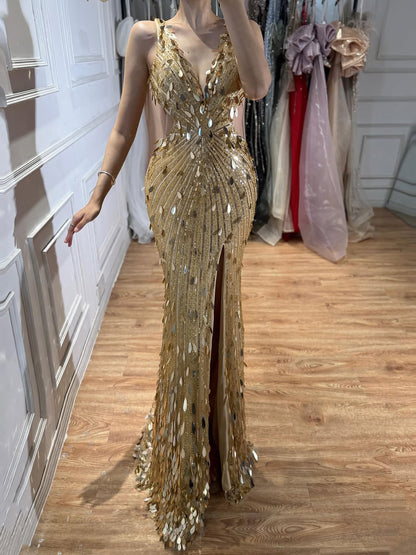 Luxury Blue V Neck Cutout Beaded Mermaid Evening Dress LA73773