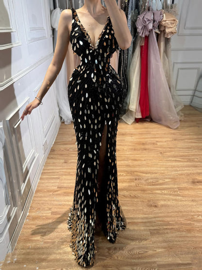 Luxury Blue V Neck Cutout Beaded Mermaid Evening Dress LA73773