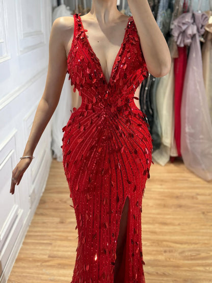 Luxury Blue V Neck Cutout Beaded Mermaid Evening Dress LA73773