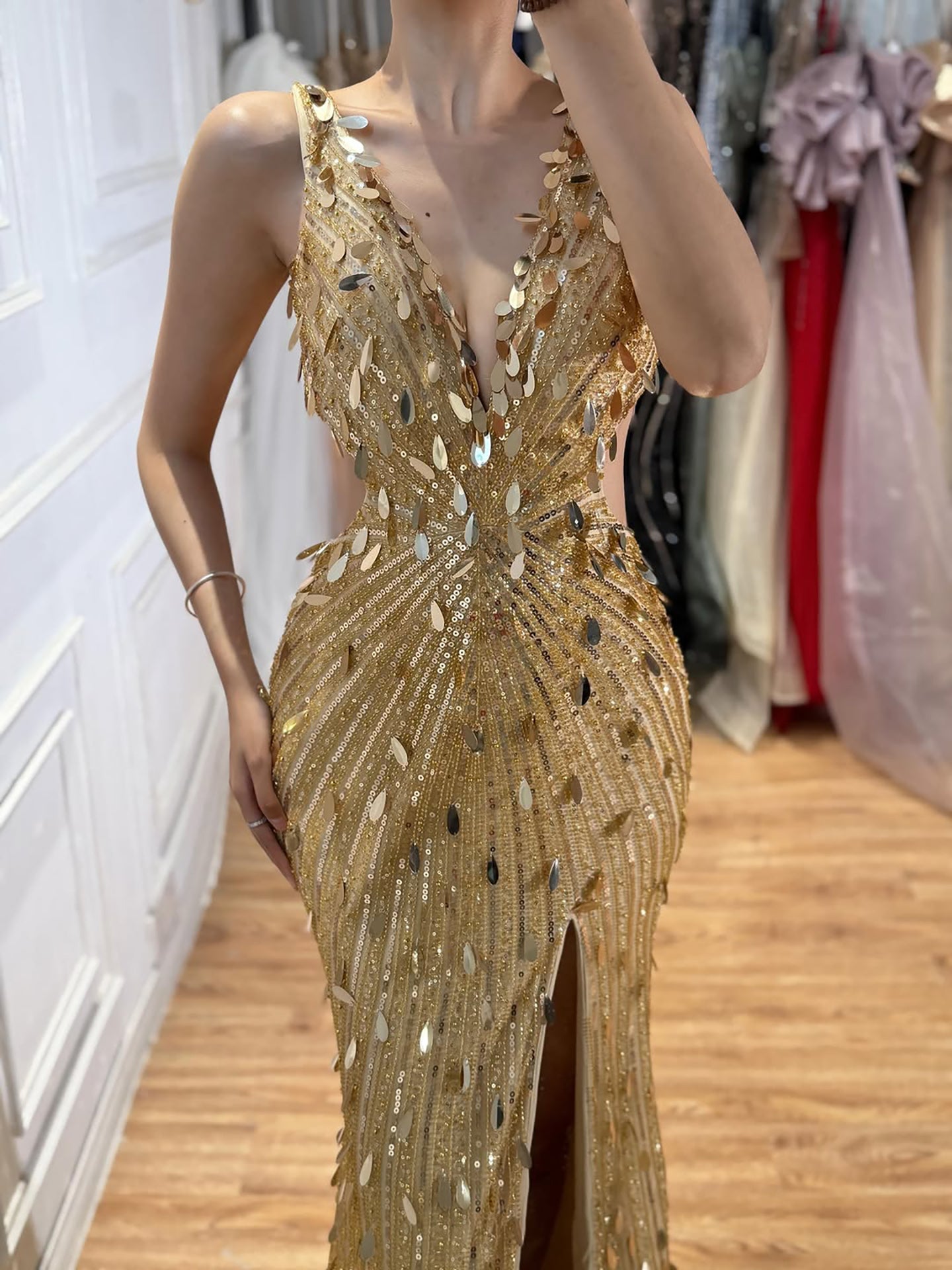 Luxury Blue V Neck Cutout Beaded Mermaid Evening Dress LA73773