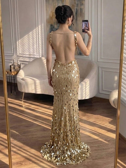 Luxury Blue V Neck Cutout Beaded Mermaid Evening Dress LA73773