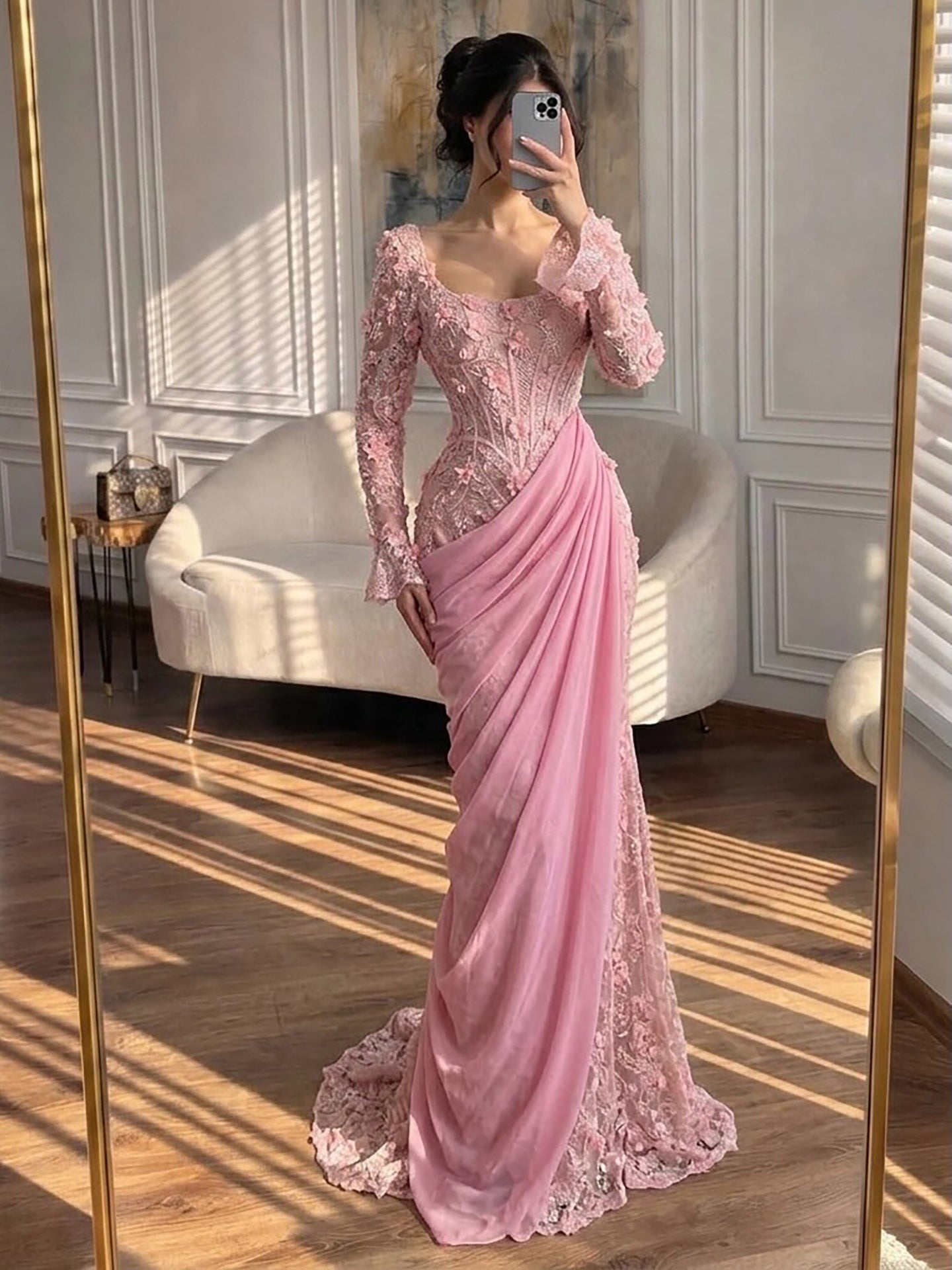 Luxury Pink 3D Floral Beaded Mermaid Gown LA73774