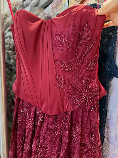 Luxury Wine Red Strapless Beaded Corset A-Line Evening Dress LA73775